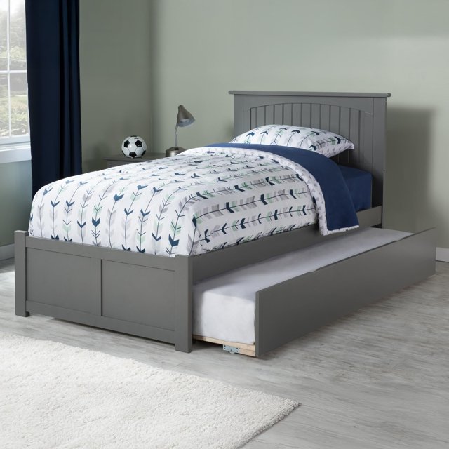 Nantucket Lit Plateforme Simple en Bois avec Pied de Lit et Tiroir-Lit Simple, Gris