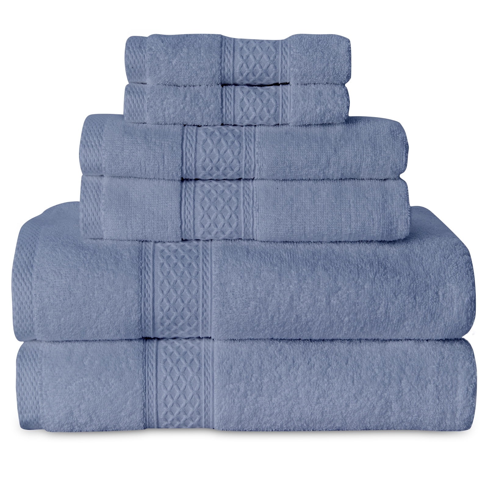 Gogreen Blue Bath Towel Sets of 6 Pieces, 2 Bath Towels 2 Hand Towels 2 Washcloths, 100% Cotton Highly Absorbent Towels for Bathroom, Gym, Hotel (Blue)