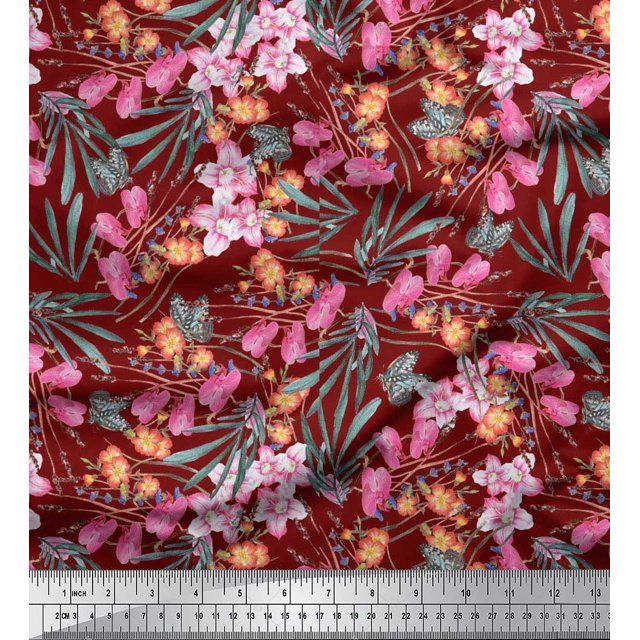 Soimoi Polyester Crepe Fabric & Orchids Floral Print Sewing Fabric Yard 52 Inch Wide