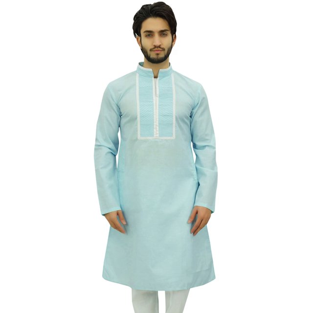 Atasi Ensemble Kurta Pyjama Bleu de Designer pour Homme Chemise Punjabi Longue en Coton-Petit