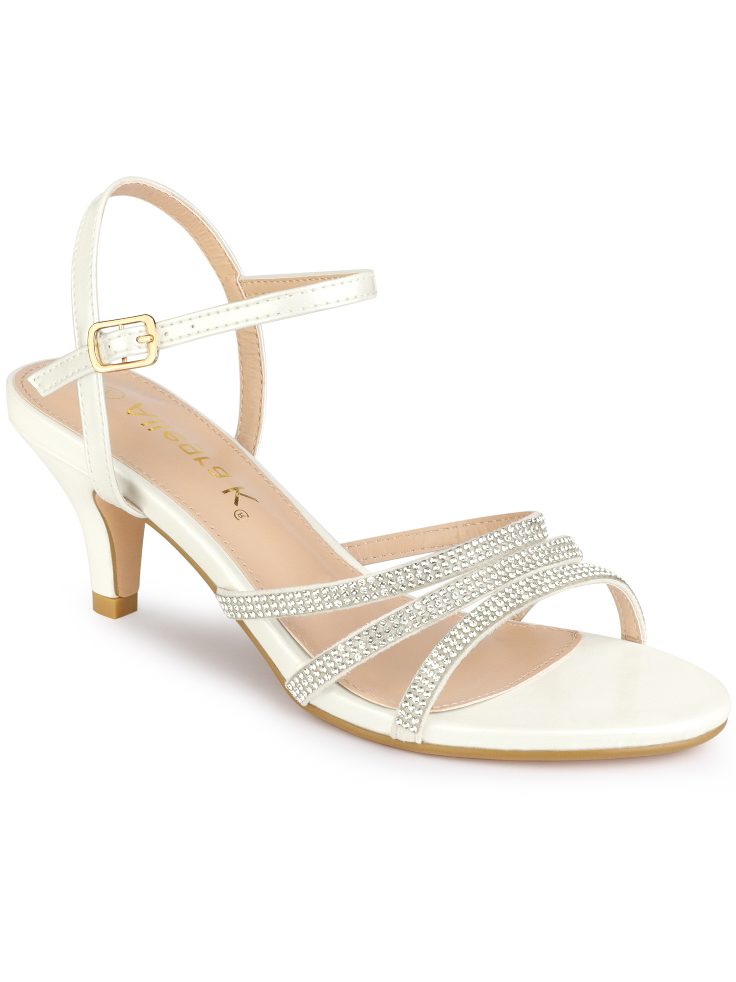BLISSFUL STEP Women's Shoes Rhinestone Ankle Strap Kitten Heel Open Toe PU Buckle Sandals White 8