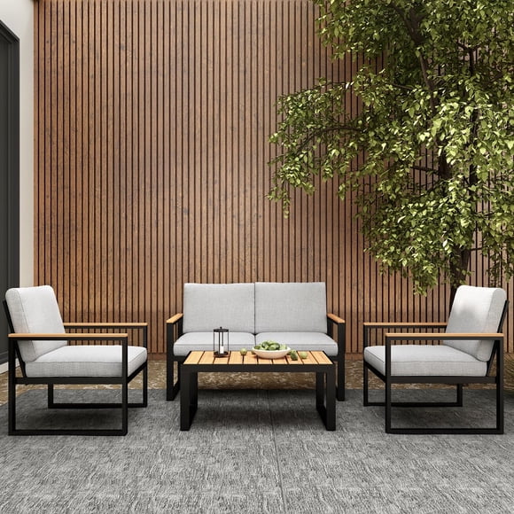 Abba Patio 4 PCS Outdoor Sofa Set Patio Conversation Set w/ Faux Wood Table & Cushions for Garden Backyard Deck