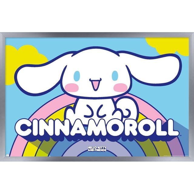 Hello Kitty and Friends : 22 Over The Rainbow - Affiche Murale Cinnamoroll, 22,375 Pouces x 34 Pouces, Présentant un Chien de Dessin Animé Blanc Orienté vers l'Avant avec de Longues Oreilles Tombantes, des Yeux Bleus, des Joues Roses et une Petite Langue, Assis au-Dessus d'Un Arc-en-Ciel pastel avec des arcs Rose, Jaune, Vert, Bleu et Violet sur un Fond Bleu Pâle avec des Nuages Jaunes, Imprimé sur du Papier Affiche Lustré, Convient à la Décoration Murale de Chambre Ou de Chambre d'Enfant