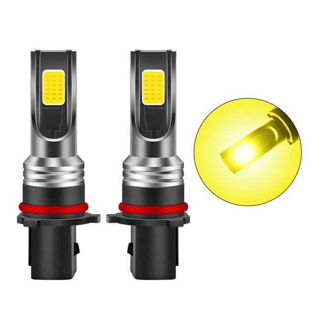 2PCS P13W LED fog light bulbs with 3000K yellow light, 3000 lumens brightness, and 30W high power. The bulbs feature a plug-and-play connector type, IP68 waterproof rating, and are made of durable aviation aluminum. Designed for cars and trucks, they provide enhanced visibility in foggy or rainy conditions. The package includes two bulbs.