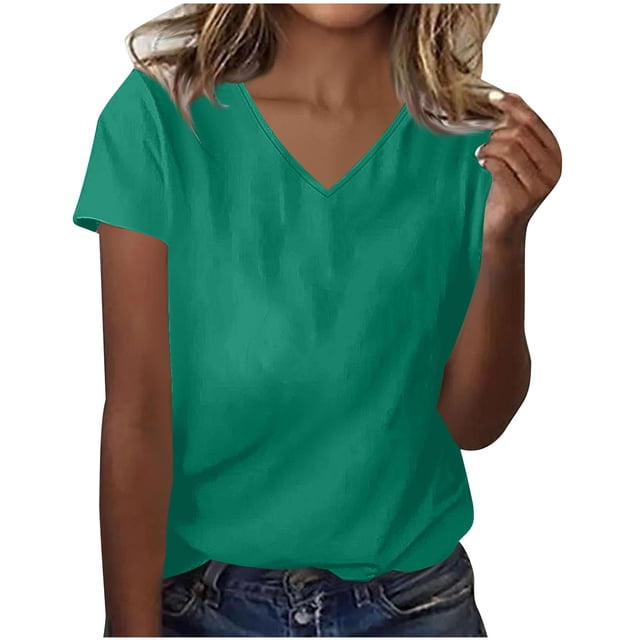 Besolor Summer Short Sleeve Shirts for Women Casual V Neck Solid Color Basic Tees Ladies Going out Tops