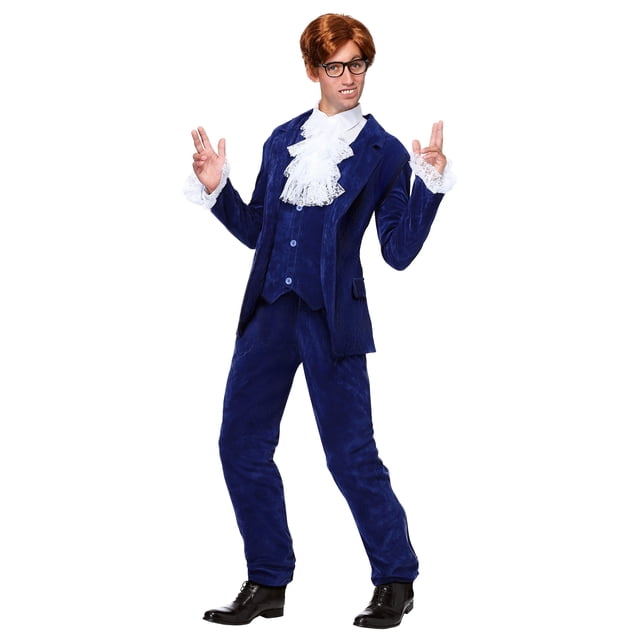 Men's Shagadelic Deluxe 60's Swinger Groovy Costume featuring a navy blue velvet-like suit with a jacket, vest, and pants. The jacket has attached lace sleeve cuffs, and the vest includes decorative buttons with a hook and loop fastener at the back. The pants have an elastic waistband for comfort. A lace cravat with an elastic neckband completes the retro 60's spy look. Ideal for Halloween or themed parties.