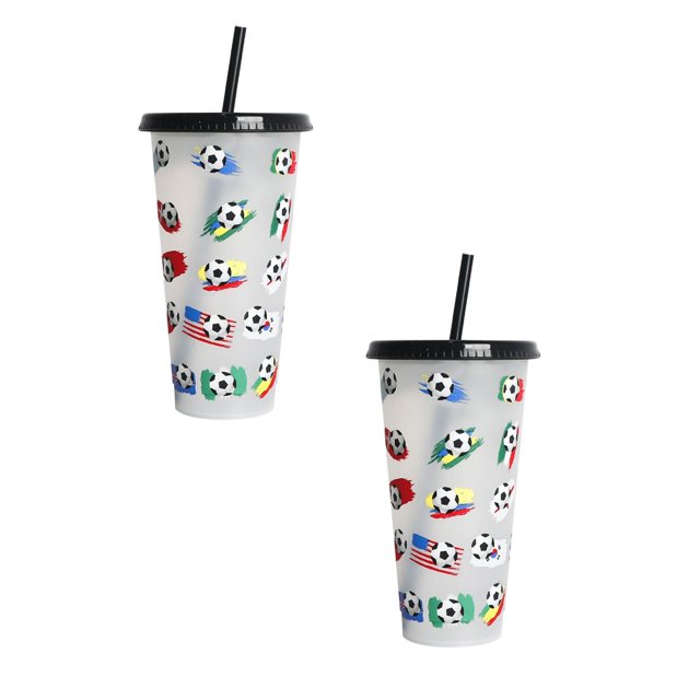 Oleegame 2PC Glass Bottle Creative Water Cup Football Cup PP Plastic Straw Cup Football Plastic Transparent Straw Cup 710ml Cold Change Temperature Sensitive Plastic Cup
