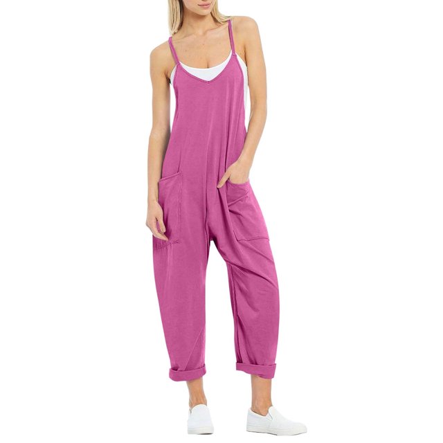 TrendOFT Jumpsuits For Women Casual Summer Solid Loose Pocket Spaghetti Strap Wide Leg Womens Overalls Rompers Purple S