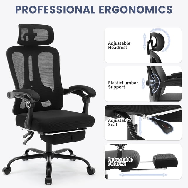 Royalbelle Ergonomic Office Chair - Home Desk Chair with Footrest,High-Back Mesh Computer Chair with Adjustable Lumbar Support Headrest,Swivel Rolling Task Chairs for Home,Office