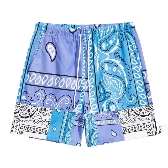 Men's Boho Summer Board Shorts with Drawstring Waist and Paisley Print for Beach and Pool