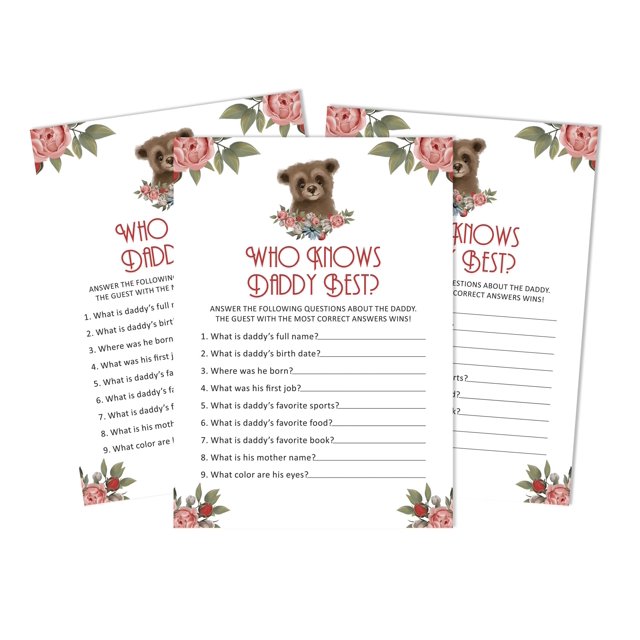 Inkdotpot Bear Jungle Animals Who Knows Daddy BestBaby Shower GameCards FunActivity Cards Set Of 50Party Theme