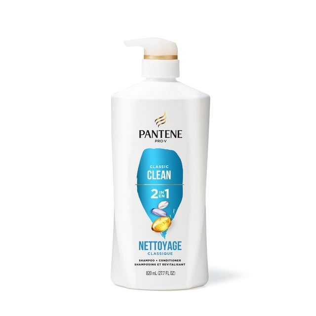 Pantene Classic Clean 2-in-1 Shampoo & Conditioner in an 820 ml white pump bottle with a blue label showing pro-vitamin B5 capsules and bilingual English-French text, designed to gently cleanse, condition, and strengthen hair while nourishing and protecting against breakage.