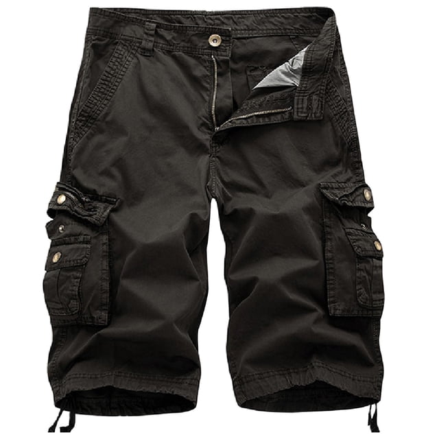 Men's cargo work pants in a casual pure black colour, designed with multiple zipper and buttoned pockets for outdoor activities like hiking and camping. Made from durable polyester and cotton material, these mid-length shorts feature a relaxed fit and adjustable drawstrings at the hem, ideal for daily wear.