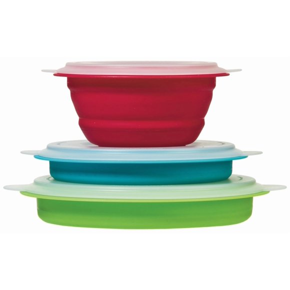 Progressive International Kitchen Bowl CB-20 Storage Bowl Set; Blue/Green/Red; Round; Collapses To 1/2 Of Its Original Size; Dishwasher Safe; Polypropylene Plastic; Set Of 3; With Snap-On Lid