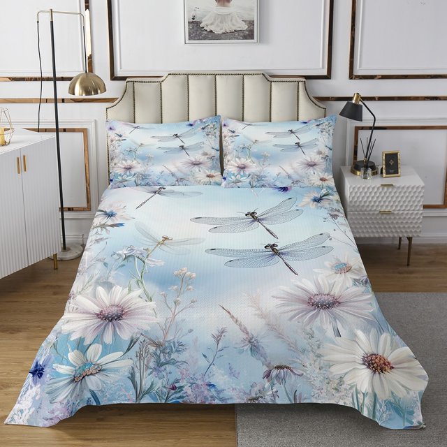 Ensemble de Courtepointe Libellule Fleurs Blanches Ensemble de Courtepointe Lit Simple, Ensemble de Couvre-Lit Libellules de Rêve Marguerites Floral Matelassé, Déco de Chambre Animal Esthétique Rustique