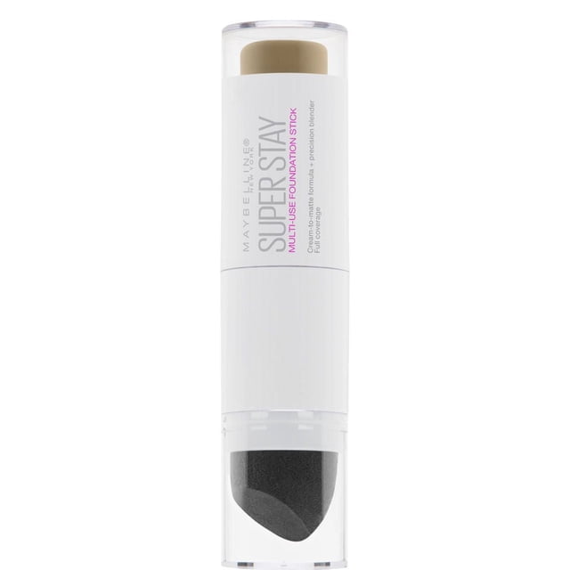 Maybelline New York Super Stay® Bâton de Fond de Teint Multi-Usage 9 g dans un tube Cylindrique Blanc avec Capuchons Transparents, Comprenant un Bâton de Fond de Teint Crème à Mat sur le Dessus et une Éponge Mélangeuse Noire Pointue de Précision à la base pour une application Facile, Convient pour Camoufler, Contourer et Illuminer avec une Couvrance Totale.