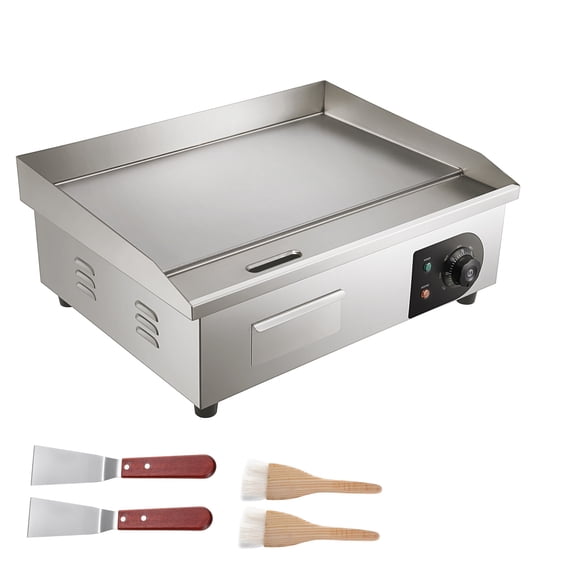 KFFKFF Commercial Electric Griddle, 21", 1600W Countertop Flat Top Grill, Stainless Steel Teppanyaki Grill with Non Stick Iron Cooking Plate, 122-572℉ Adjustable Temp Control 2 Shovels & Brushes, 110V
