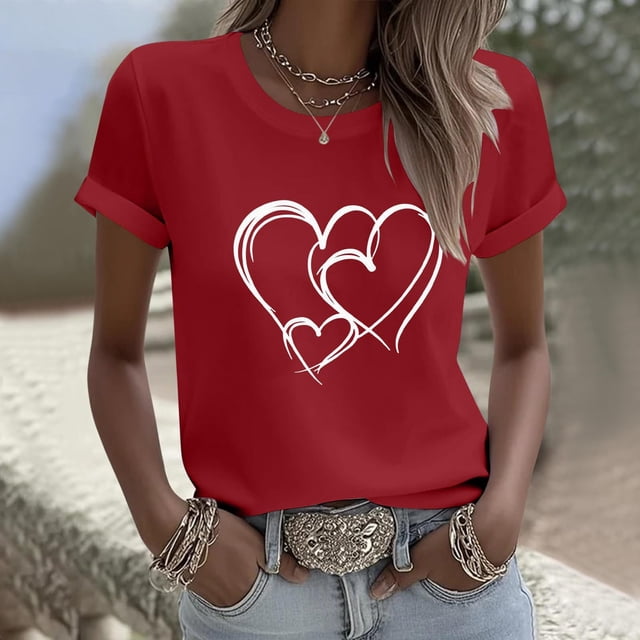 VKOYWKM T-Shirts de la Saint-Valentin pour Femmes, T-Shirts à Imprimé Cœur, Manches Courtes, Hauts Décontractés de Printemps, Col Rond Décontracté, Coupe Ample, T-Shirts de la Saint-Valentin