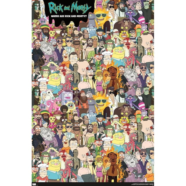 Rick And Morty - Where's Rick? Affiche Murale, 22,375 Pouces x 34 Pouces Présentant une Impression Haute Résolution et Lustrée d'Un collage Coloré de Personnages de Rick And Morty Incluant des Extraterrestres, des robots et des Humains dans Divers costumes et expressions, Conçue pour la Décoration Murale dans les Chambres, Bureaux, Dortoirs Ou Espaces de Fête, Légère et Prête à Accrocher Ou à Encadrer avec des Pinces Ou des Épingles.