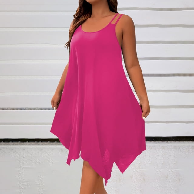 Ounisa Robe Camisole Midi Fluide Sans Manches à Encolure Dégagée et Ourlet Asymétrique pour Femme Grande Taille