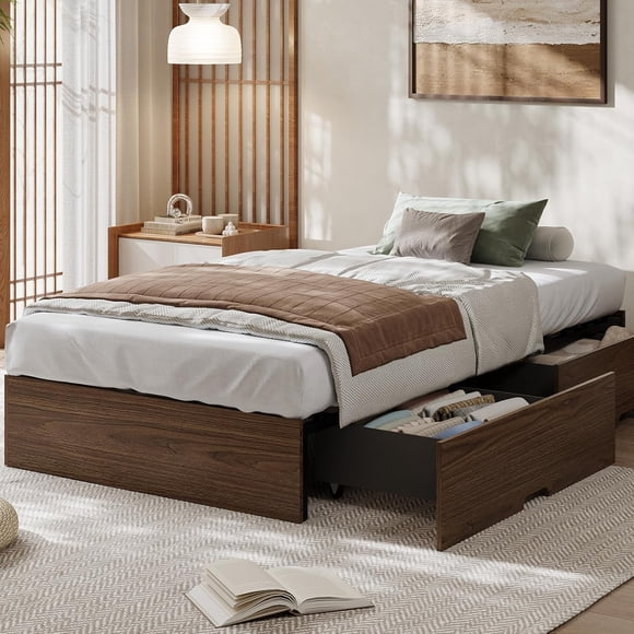 IdealHouse Full Wood Platform Bed Frame with 2 Storage Drawers – No Headboard, Wood Slat Support, No Box Spring Needed, Easy Assembly