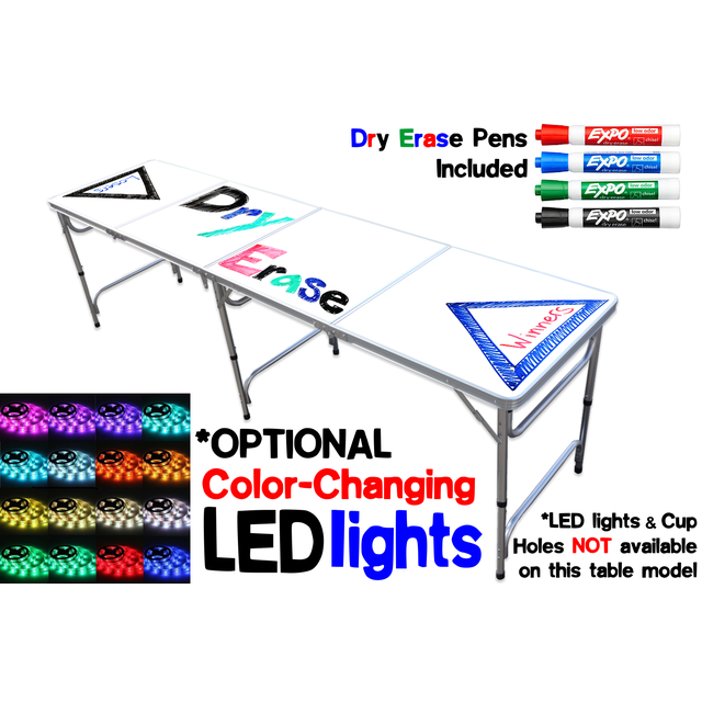 PartyPongTables.com 8-Foot Beer Pong Table - Dry Erase Edition with a foldable design and white dry erase surface for customizable gameplay. Includes dry erase markers in multiple colors. Optional color-changing LED lights are displayed but not included with this model. Suitable as a multi-game table for game rooms and recreational use.