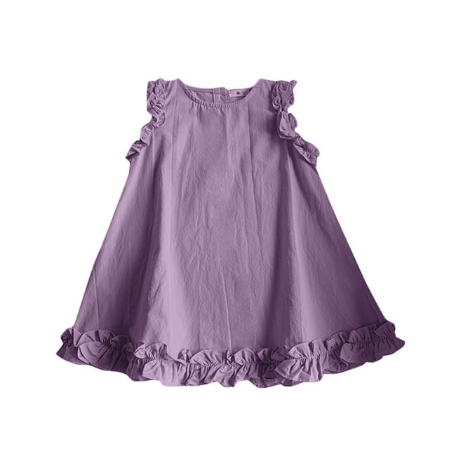 Yanlir Robe Princesse pour Enfants Filles Ample à Manches à Volants d'Été Couleur Unie à Col Rond Robe Sans Manches pour un Port Confortable et Décontracté 2-8 Ans (Violet, 3-4 Ans)