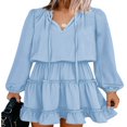 thumbnail image 1 of Women Mini Dress Long Sleeve Lacing Solid Pleated Fall Summer Dress for Daily, 1 of 9