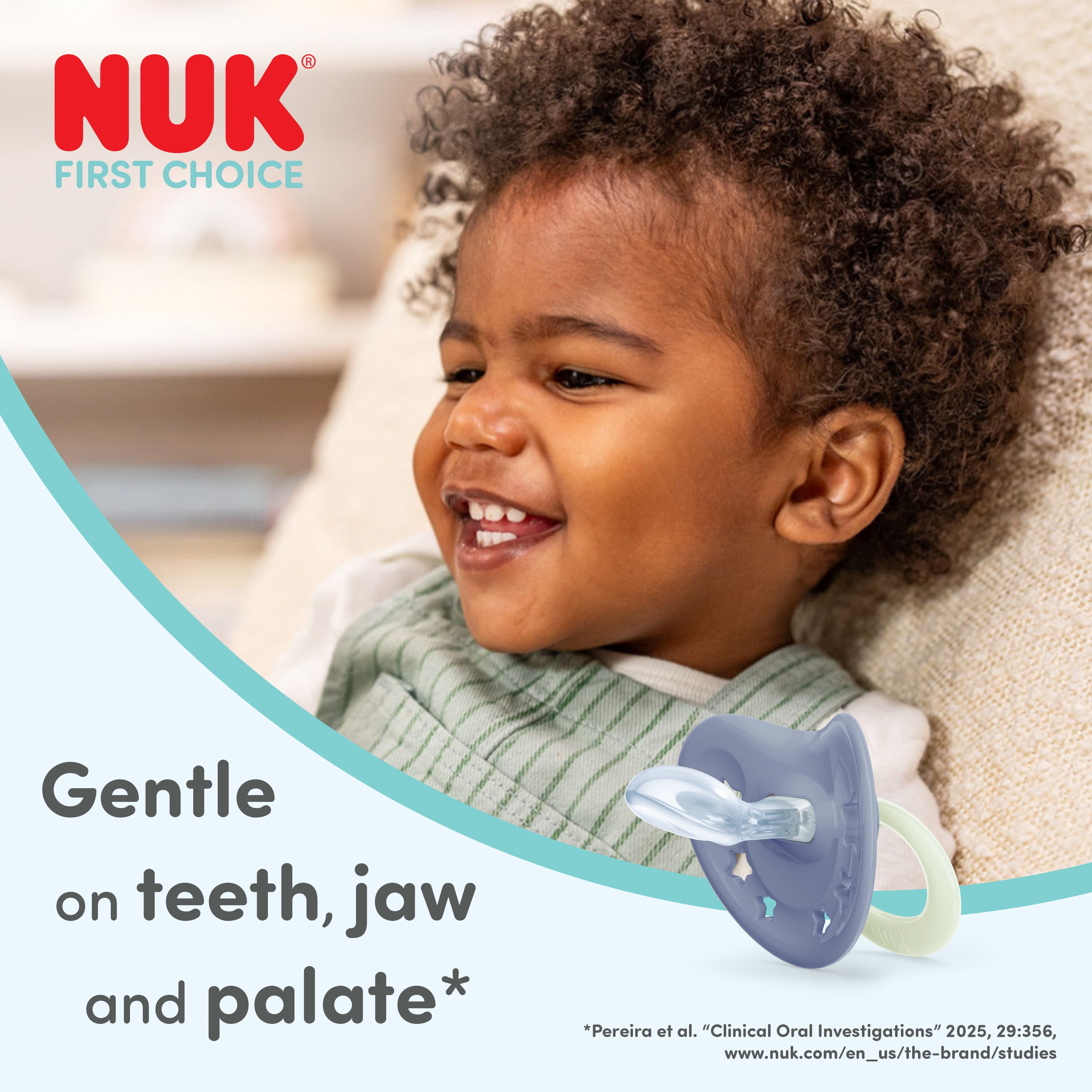 NUK First Choice Classic Night Baby Pacifiers, 6-18 Months, Orthodontic Pacifiers that Glow in the Dark, 95% Baby Acceptance**, Blue, 2 Count