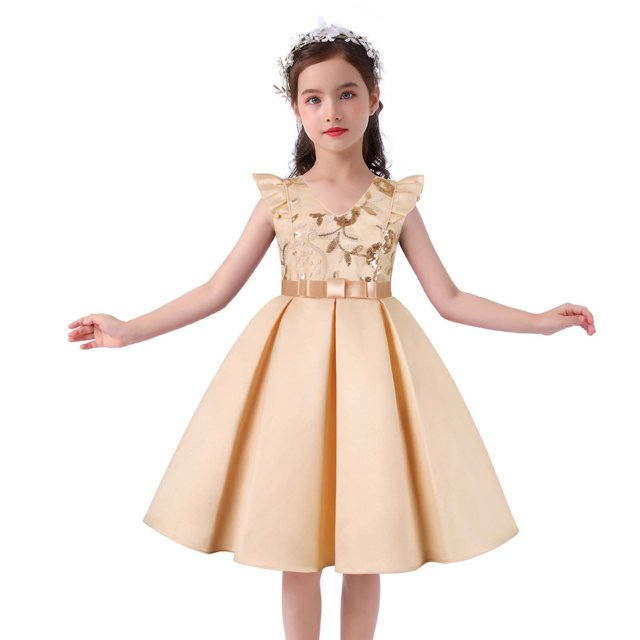 EGNMCR Vêtements pour Bébé Fille Robe à Paillettes pour Enfants Jupe Robe à Manches Volantées pour Fille Robe de Fête de Festival Robe de Princesse