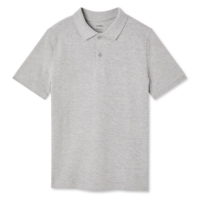 George Boys' Uniform Polo 2-Pack showing a grey short-sleeve polo shirt with a spread collar, 2-button placket, and straight hem made from breathable 100% cotton pique fabric, suitable for school uniforms and casual wear.