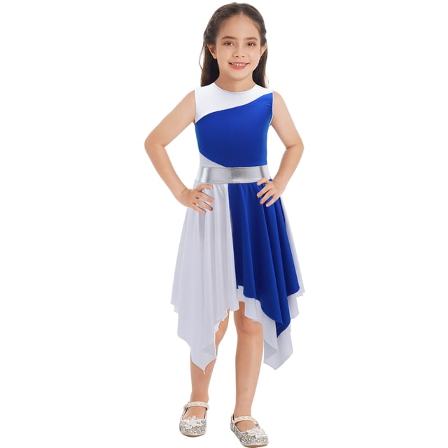 Yartina Robe de Danse Asymétrique pour Filles, Tunique de Prière Lituricale, Bleu&Blanc 12