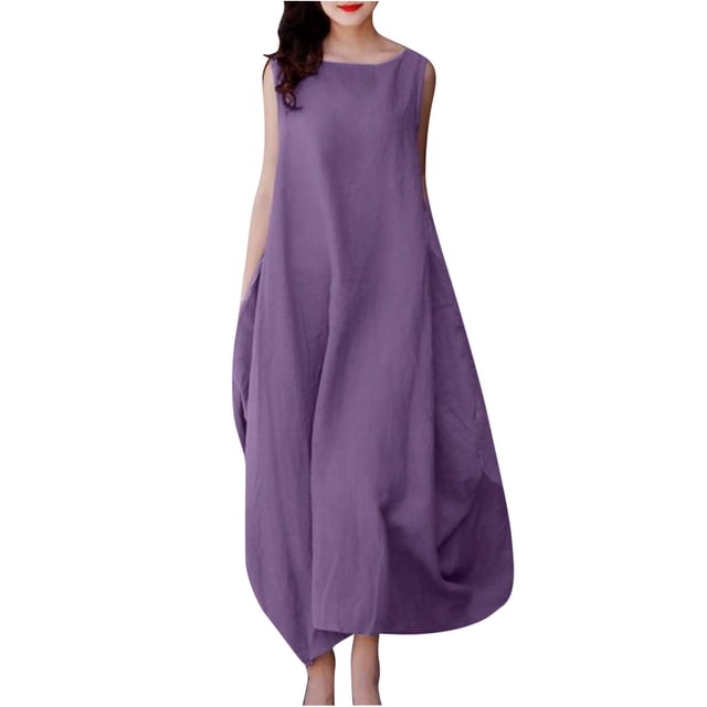 Pompotops Women's Summer Solid Color Soft Comfortable Sleeveless Vest Long Dress On Sale