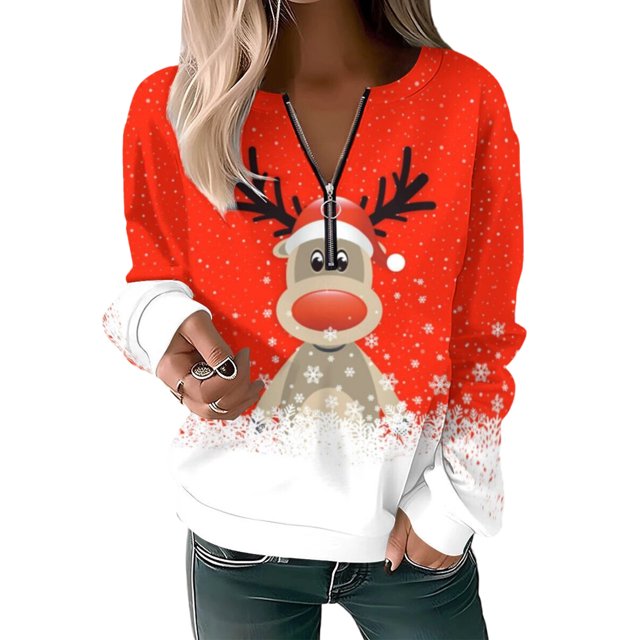Innerwin Pull de Noël pour Femmes, Col en V, Décontracté, Rouge L