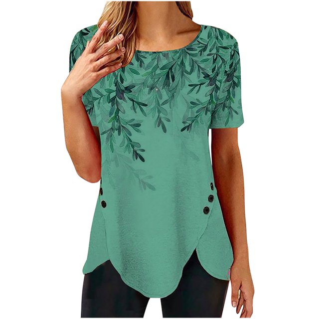 Pompotops T-shirt Ample Imprimé pour Femme, Boutons, Manches Courtes, Blouse à Col Rond, Hauts Décontractés