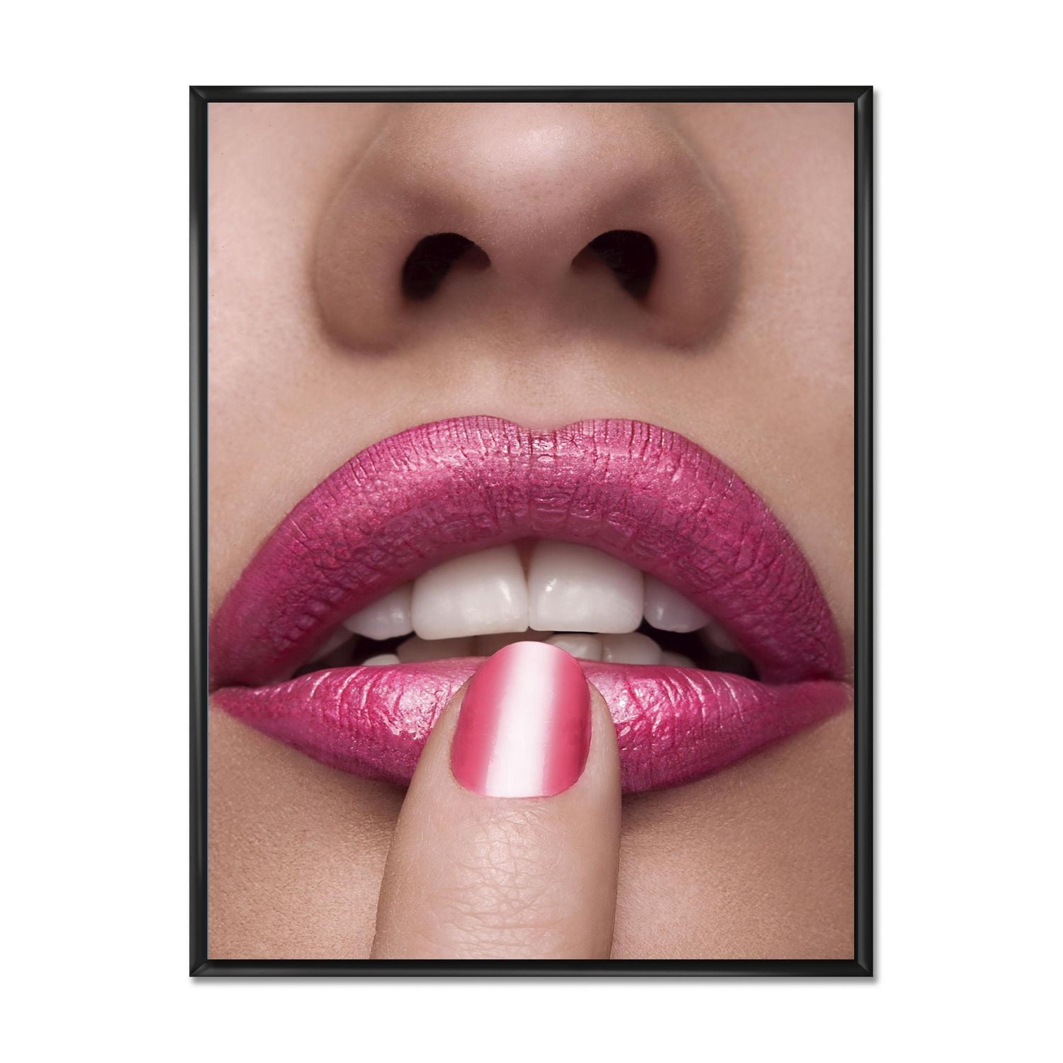 Designart Lèvres roses de femme avec le doigt sur la bouche ART MURAL À CADRE FLOTTÉ