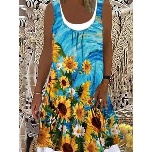 HKEJIAOI Liquidation des Ventes Robe Fleurie pour Femmes Robe d'Anniversaire pour Femme Col Rond Imprimé Ample Décontractée Mode Faux Deux-Pièces Sans Manches Robe Jaune
