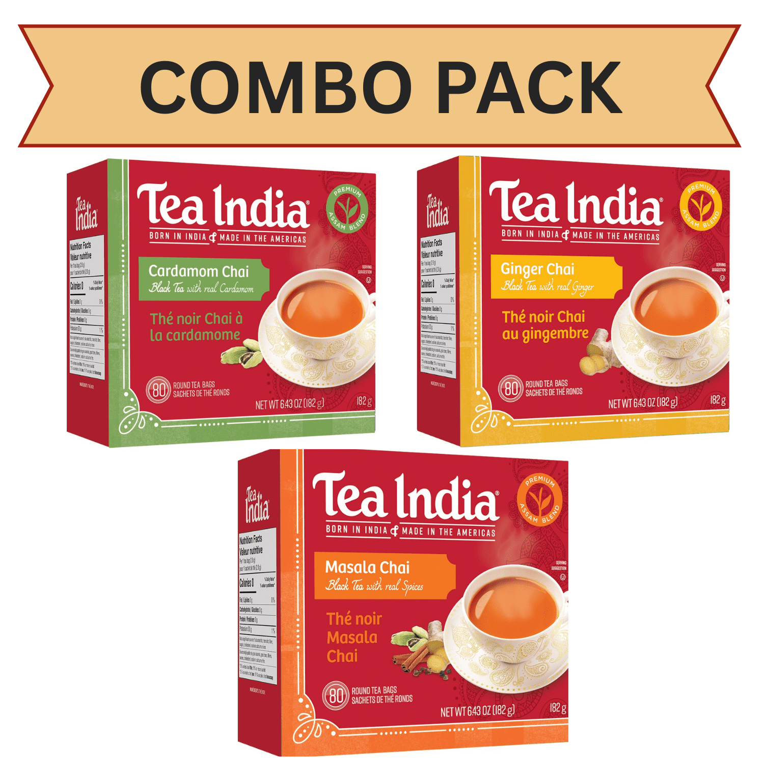Tea India Masala Chai 80pk, Ginger Chai 80pk, Cardamom Chai 80pk (Combo Pack)