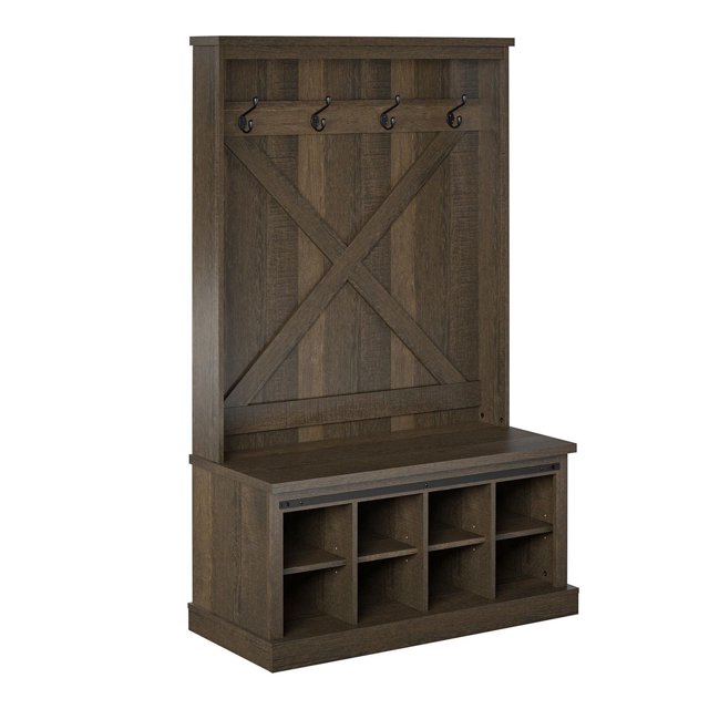 Banc d'Entrée Knox County avec Hall Tree en Chêne Brun, MDF Laminé et Panneau de Particules, avec Quatre Crochets Métalliques sur le Panneau Arrière, Garniture en X et Huit Casiers à Chaussures sous le Siège du Banc, Convient pour Organiser le Désordre d'Entrée et l'Assise Lors de l'Enfilage des Chaussures.