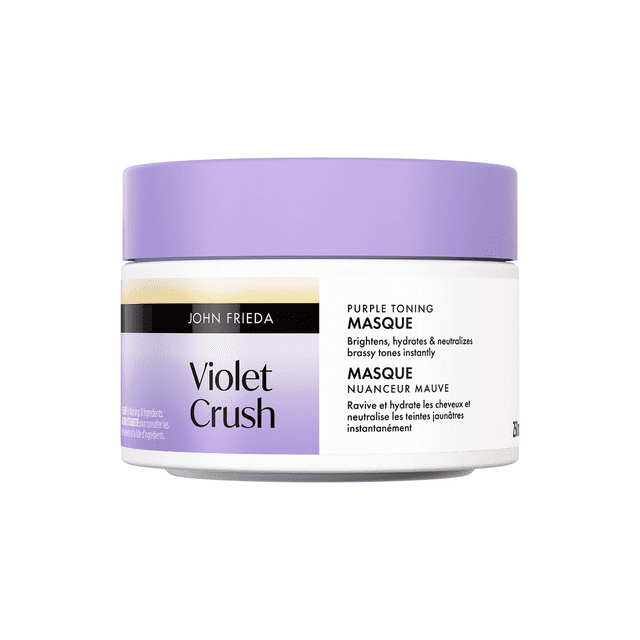 John Frieda Violet Crush Masque Tonifiant Violet en Pot Blanc avec Couvercle Lavande, Formulé pour les Cheveux Blonds Naturels et Traités par la Couleur afin d'Illuminer, d'Hydrater et de Neutraliser les Tons Cuivrés Tout en Renforçant et Réparant les Brins.
