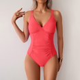 thumbnail image 1 of UPPADA Women's V-Neck One Piece Swimsuit Ruched Tummy Control Bathing Suit One Piece Cute Solid Color Swimsuit Casual Basic Shoulder Straps Swimwear Clearance Red,M, 1 of 8