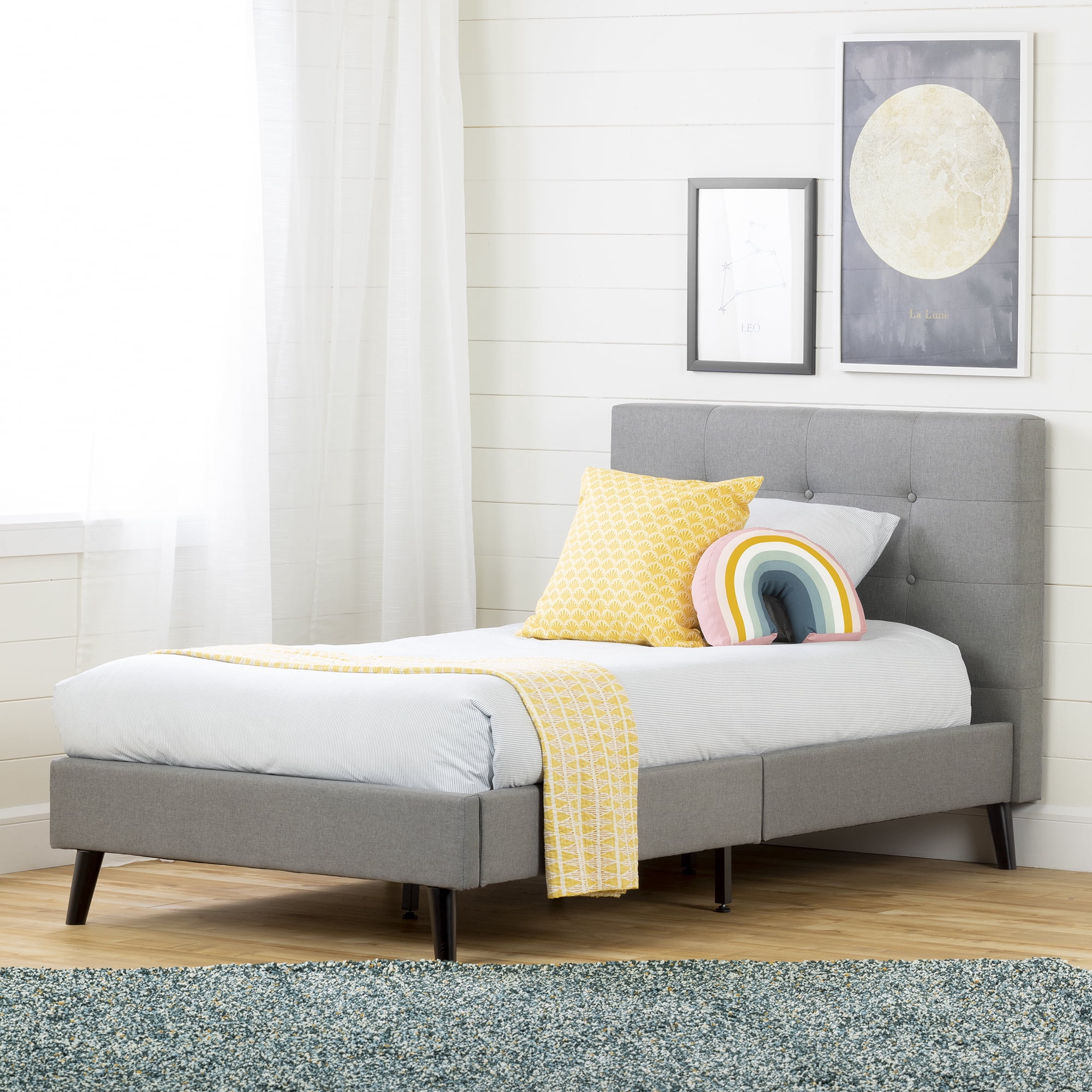South Shore Fusion Twin Upholstered Platform Bed and Headboard, in Soft Gray