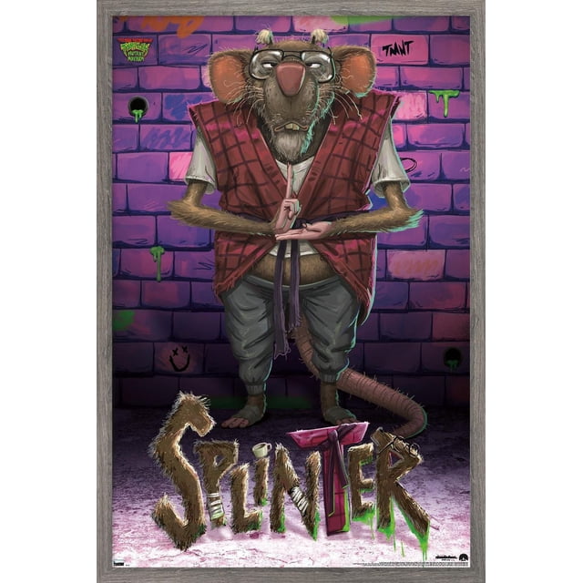 Chaos Mutant Les Tortues Ninja : - Affiche Murale Splinter Représentant Splinter Debout Méditant avec un Gilet à Carreaux Rouges et un Pantalon Gris contre un Mur de Briques graffiti Violet, avec Son Nom en Lettres Texturées Duveteuses en Dessous, Format 22,375 par 34 Pouces, Idéal pour la Décoration Murale de Chambre Ou de Bureau.