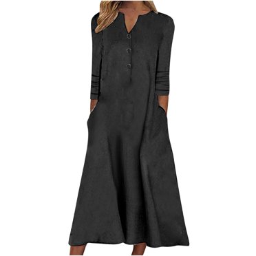 QUYUON Robes Maxi pour Femmes 2023 Liquidation Décontracté Col Rond Imprimé Été Manches Courtes Poches Robe Vert Robes Femmes Midi Robe Ornée Style D-14237 Noir m