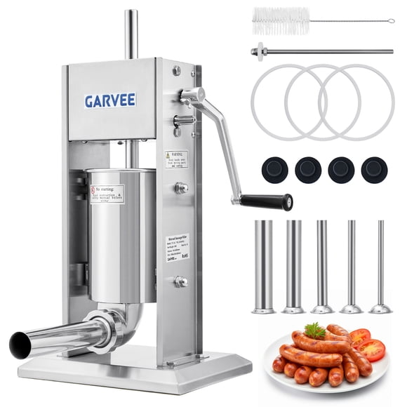 Garniture Verticale pour Saucisses 3 L/7 Lb - Remplisseur Manuel de Viande en Acier Inoxydable 304 - Engrenage à 2 Vitesses, 5 Tubes de Remplissage, Trousse de Nettoyage, Anneau d'Étanchéité et Brosse - Idéal pour la Transformation Alimentaire Commerciale et Domestique
