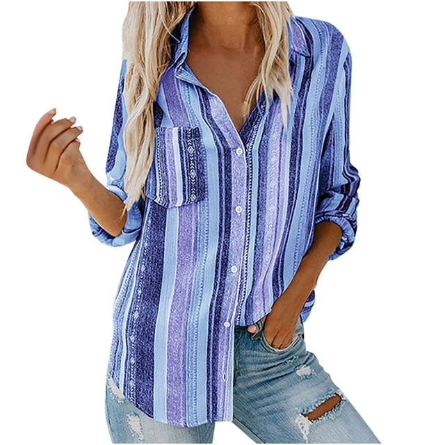 Cameland Blouses Mode pour Femmes Col en V Rayé Manches Retroussables avec Poche Chemise Ample