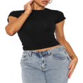 thumbnail image 3 of T-Shirt Court Basique à Manches Courtes pour Femmes, Coupe Ajustée, Noir G, 3 of 7