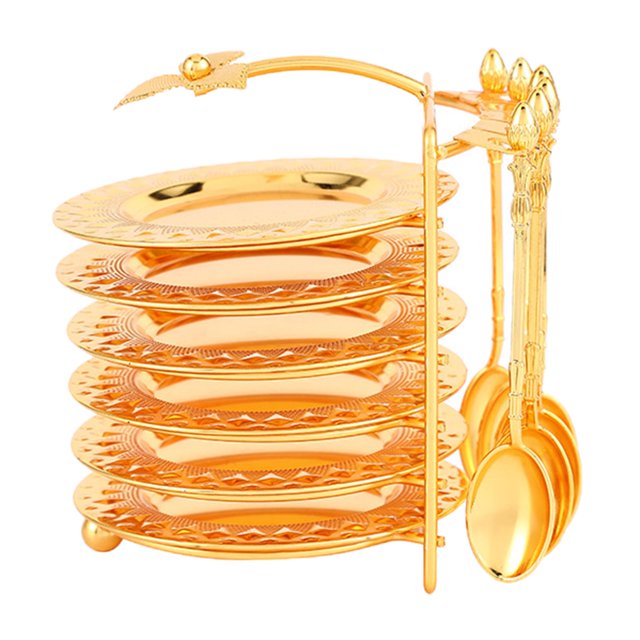 GROWTH TANK Zinc Alloy Dinnerware Set Plate Spoon Golden with Storage Rack Organizer Dish