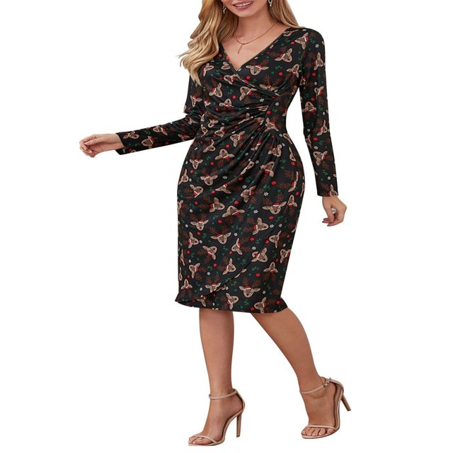 Robe à Motif Cartoon pour Femmes avec Manches Longues et Col en V Parfaite pour Noël