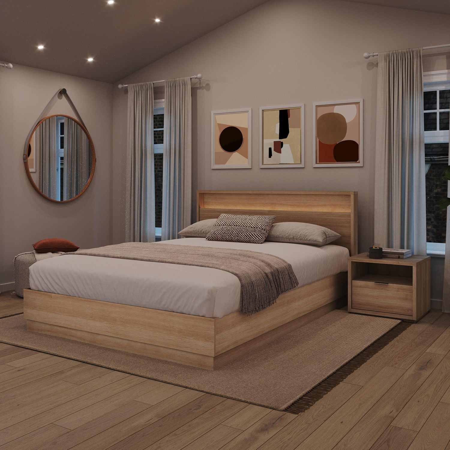 Ensemble de chambre à coucher Harlow 3 pièces avec sommier à lattes, tête de lit avec éclairage intégré et table de chevet